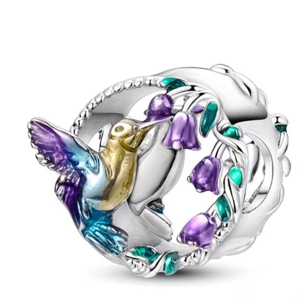 Hummingbird & Purple Bell Flower Enamel Charm Colorful Nature Bird